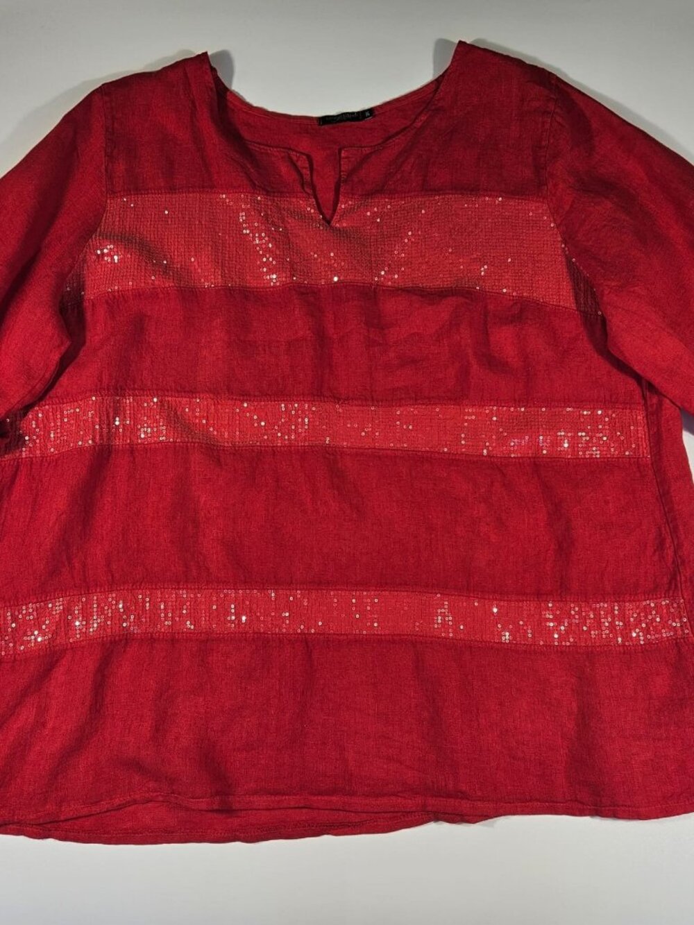 LUNGOLAMO Red Linen Sequin Blouse ~ Size 3XL